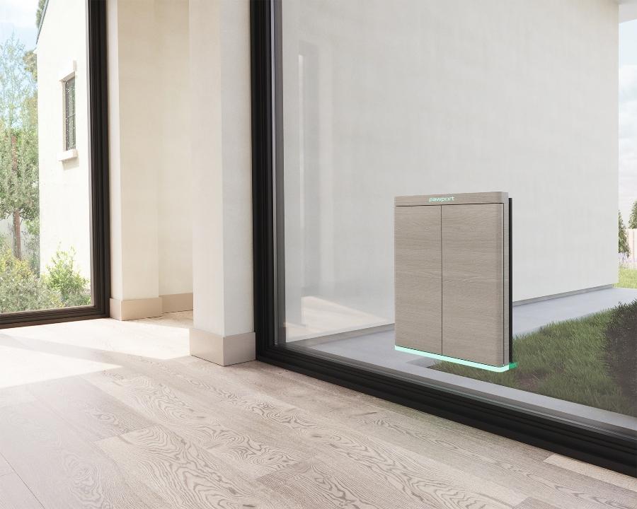 Pawport smart pet door mounted into a glass panel beside a patio door